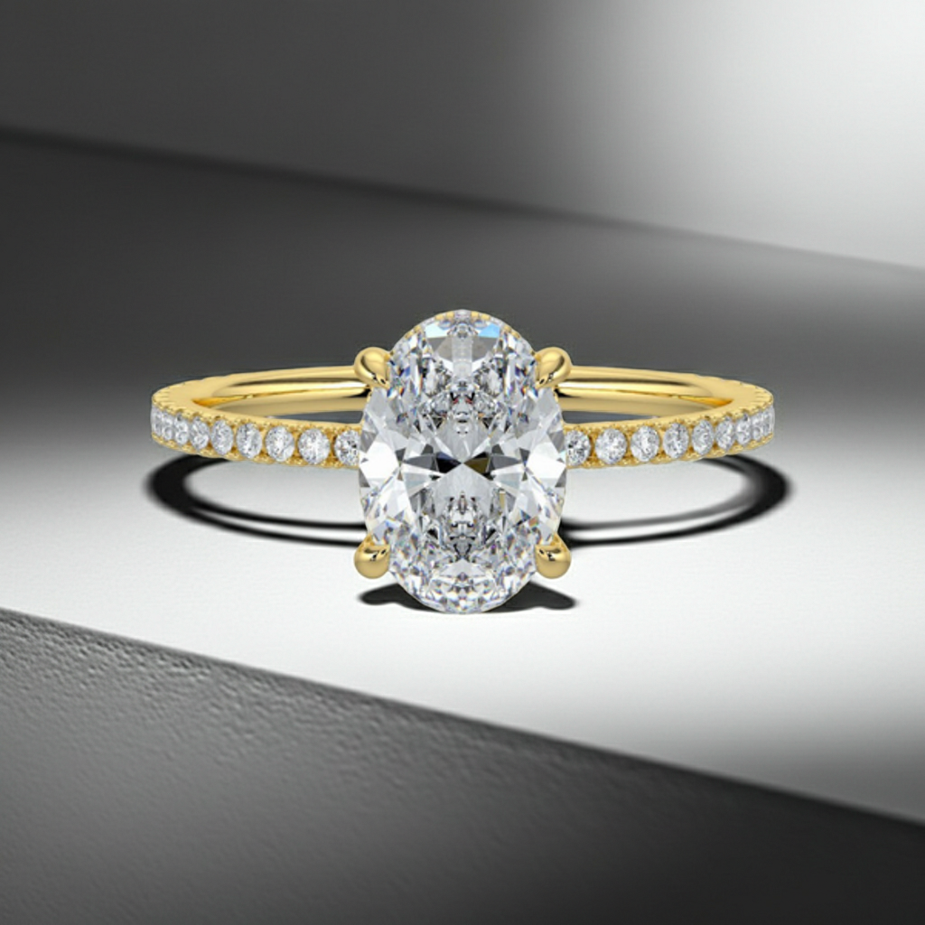 Elegant 14K Solid Gold Oval Cut Hidden Halo with Diamond On Prong Engagement Ring