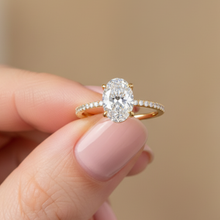 Elegant 14K Solid Gold Oval Cut Hidden Halo with Diamond On Prong Engagement Ring