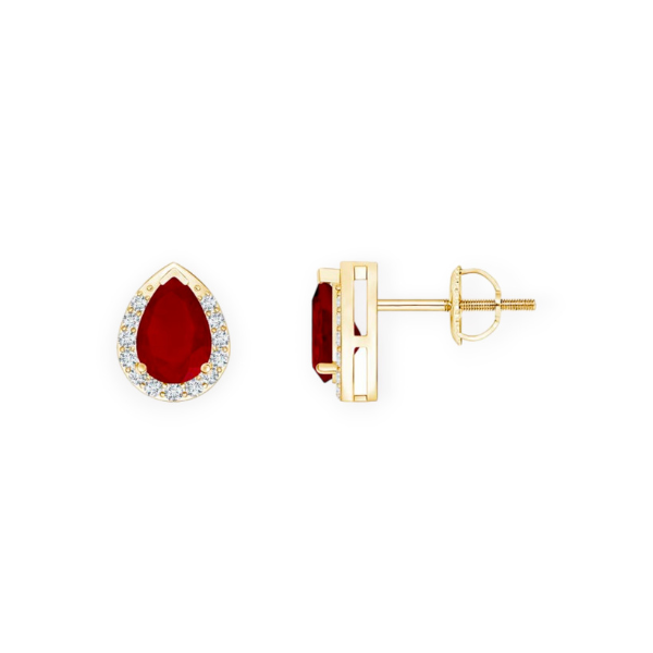 14K Solid Gold Diamond Halo Pear Shape Ruby Earrings - Triple C Diamond's