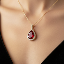 14K Solid Gold Ruby Halo Style Pear Diamond Necklace - Triple C Diamond's