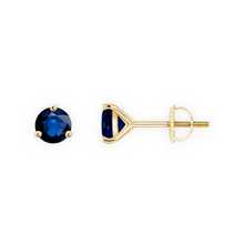14K Solid Gold Solitaire 3 Prong Round Blue Sapphire Earrings Stud - Triple C Diamond's