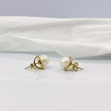7.00 MM White South Sea Real Pearl Earrings Stud with 14K Gold Diamond Jacket Triple C Diamond's