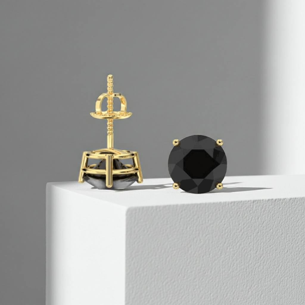 14K Solid Gold Black Round Cut Diamond Earrings Stud