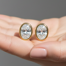 Oval Cut Diamond Bezel Setting 14K Solid Gold Solitaire Earrings Stud - IGI Certified