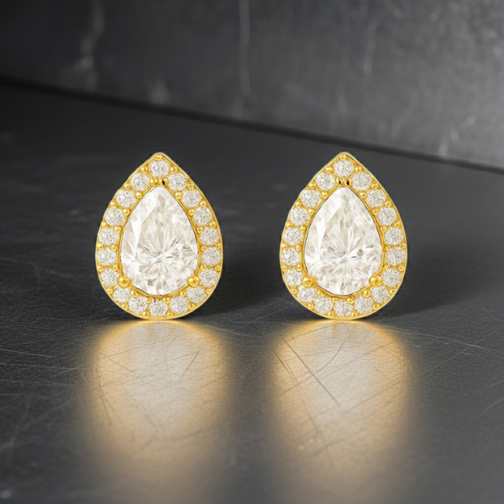 Pear Shape Halo 14K Solid Gold Diamond Earrings Set for Women