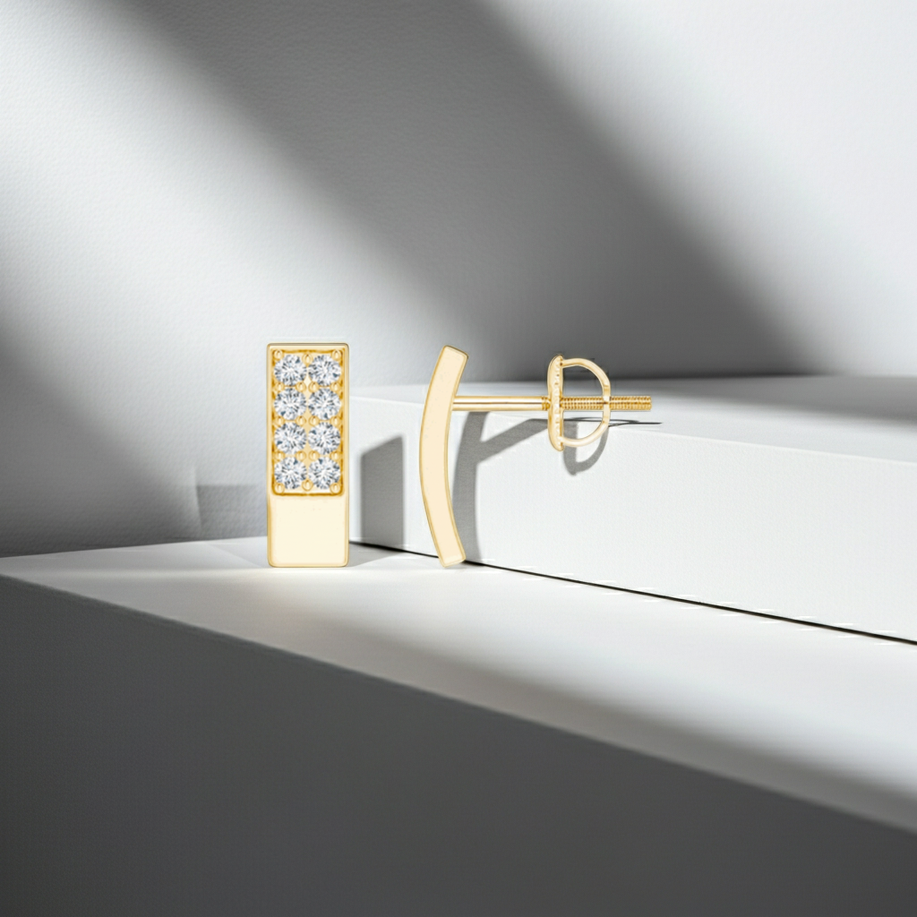 14K Solid Gold Two Line Bar Diamond Earrings