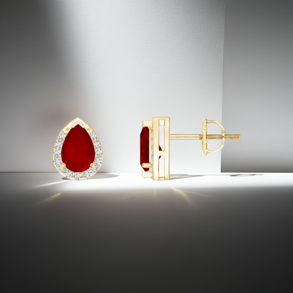 14K Solid Gold Diamond Halo Pear Shape Ruby Earrings