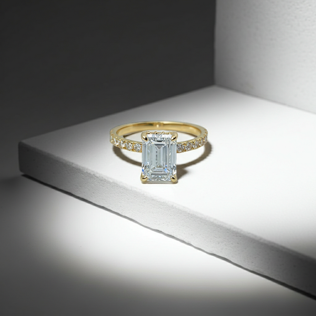 2 to 4 Carat Emerald Cut Pave Setting 14K Solid Gold Solitaire Diamond Engagement Ring