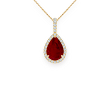 14K Solid Gold Ruby Halo Style Tear Drop Diamond Necklace