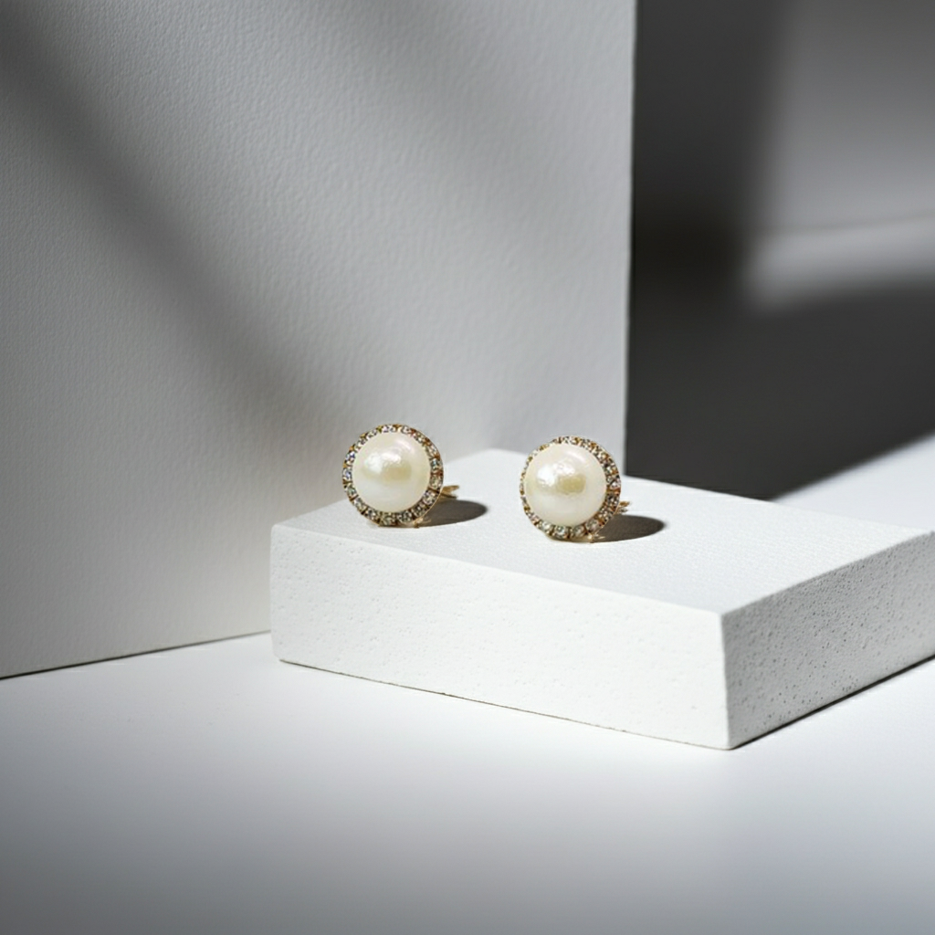 7.00 MM White South Sea Real Pearl Earrings Stud with 14K Gold Diamond Jacket