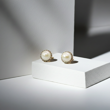 7.00 MM White South Sea Real Pearl Earrings Stud with 14K Gold Diamond Jacket