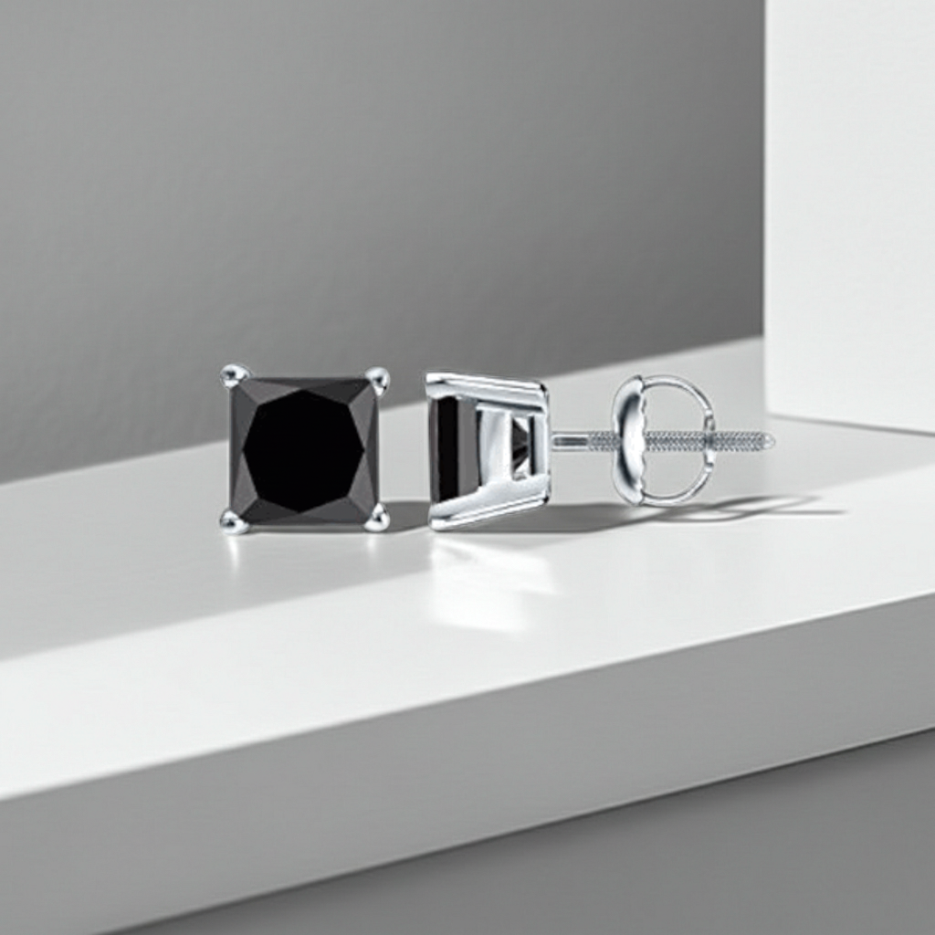 14K Solid Gold Black Princess Cut Diamond Earring Stud
