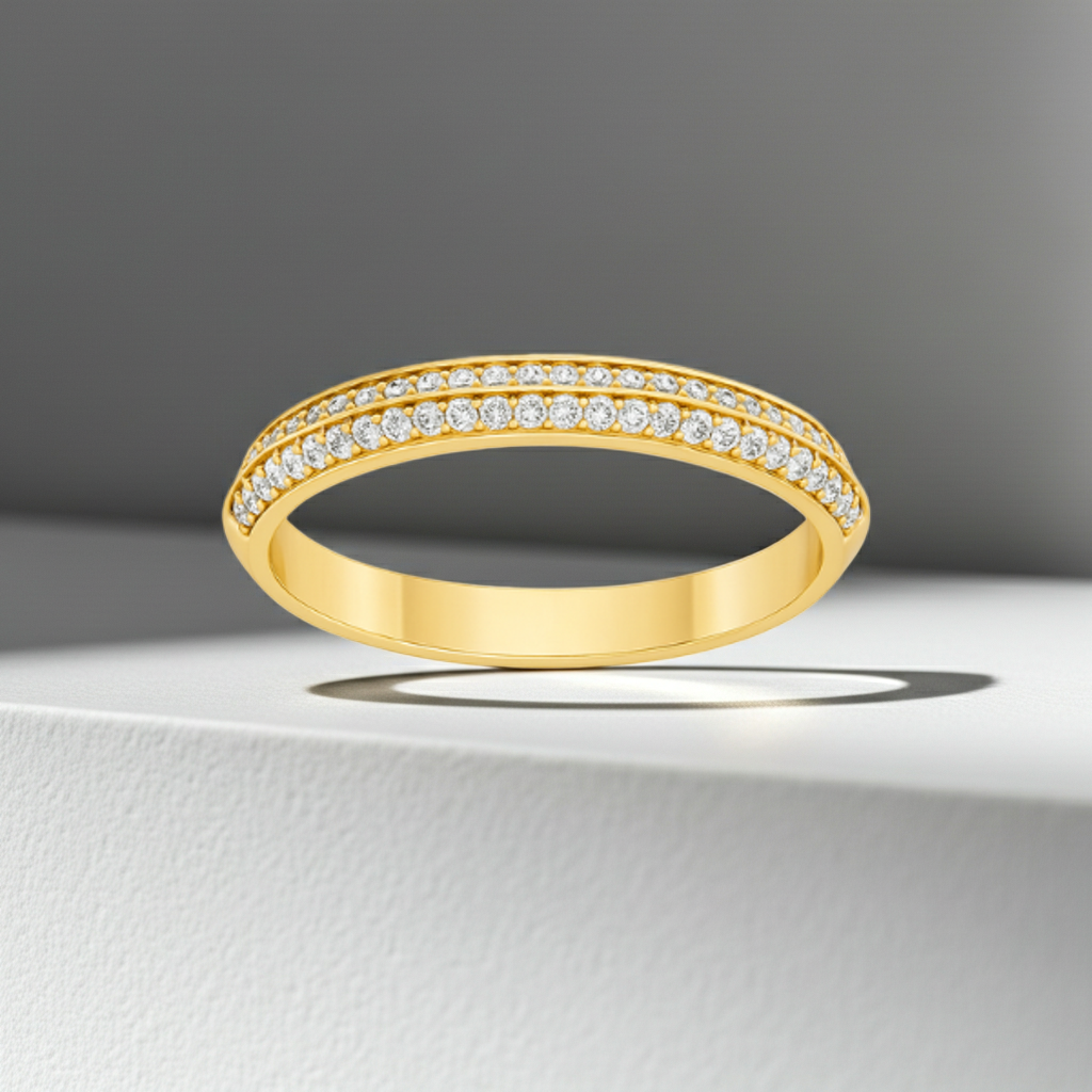 14K Solid Gold Classic and Timeless 2 line Dome setting Diamond Ring Band