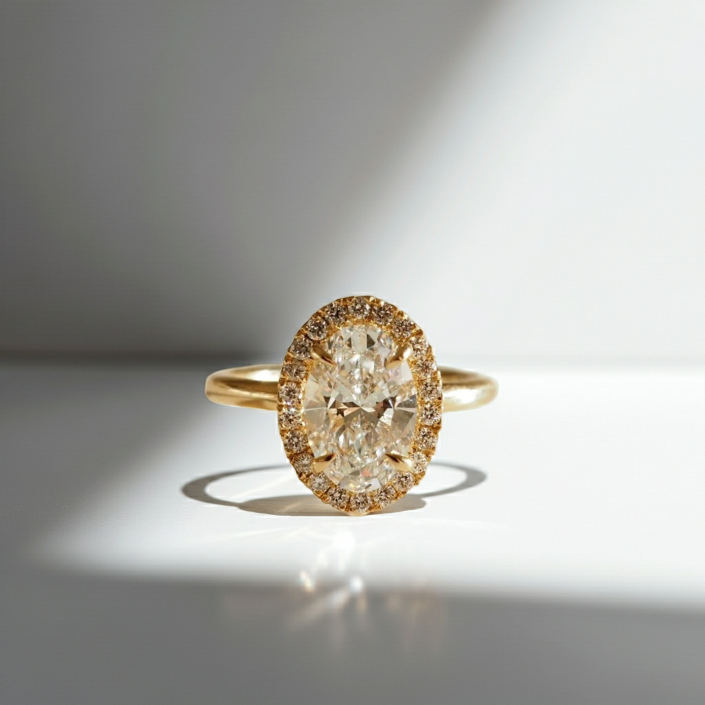 2 to 3 Carat Oval Cut Single Halo 14K Solid Gold Solitaire Diamond Engagement Ring