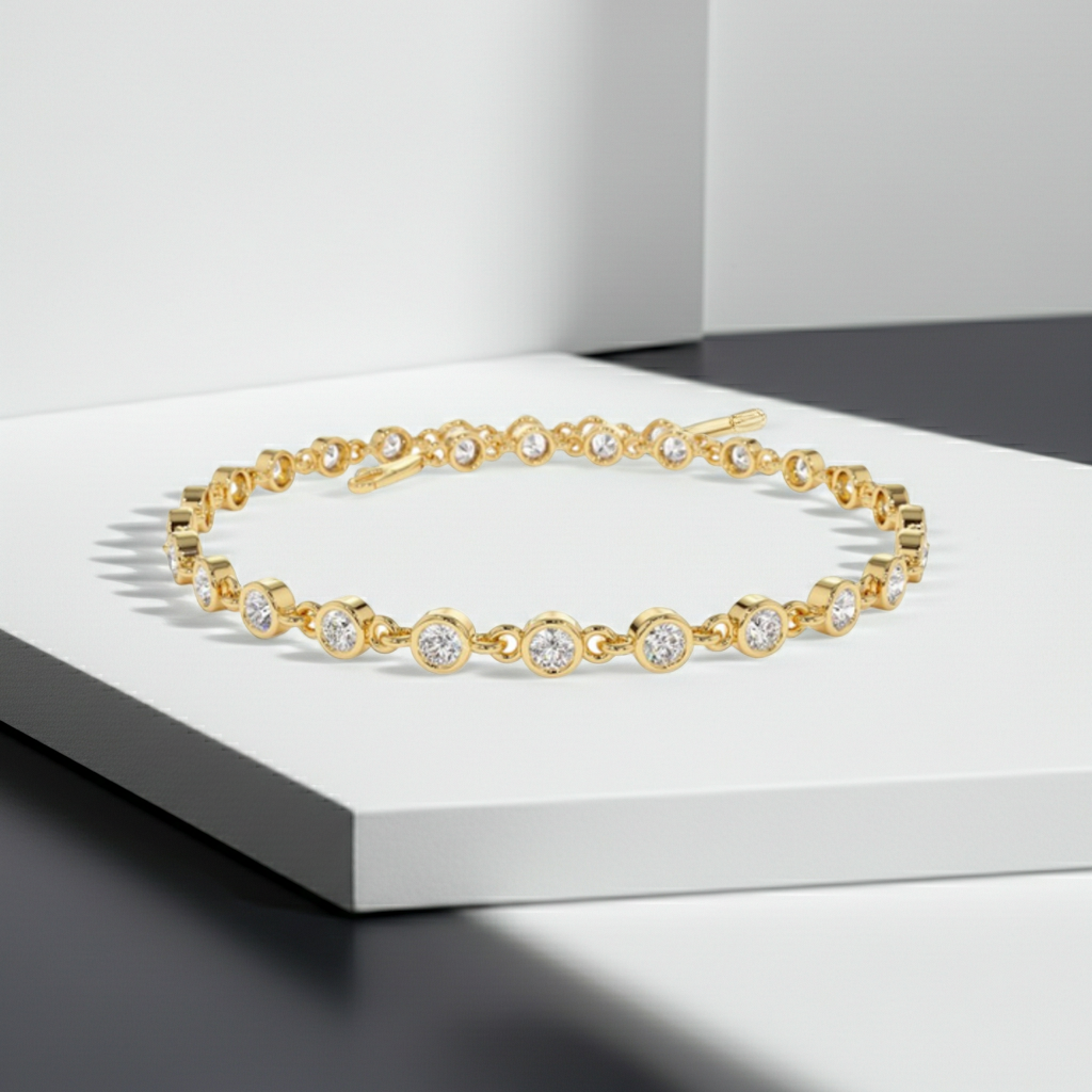 14K Solid Gold Bezel Link Setting Tennis Bracelet