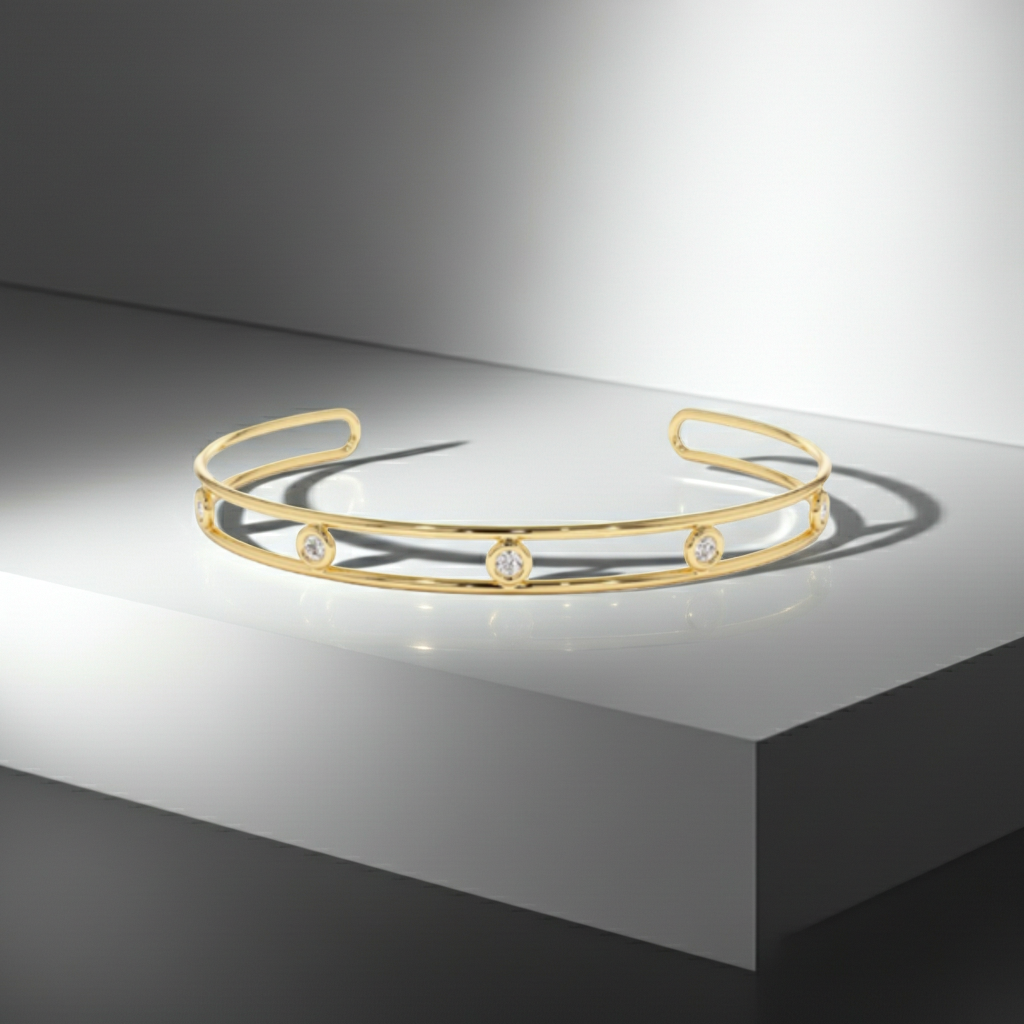 14K Solid Gold Open Cluff Diamond Bangle Bracelet