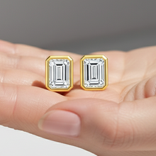 Emerald Cut 14K Solid Gold Bezel Setting Solitaire Diamond Earrings Stud - IGI Certified