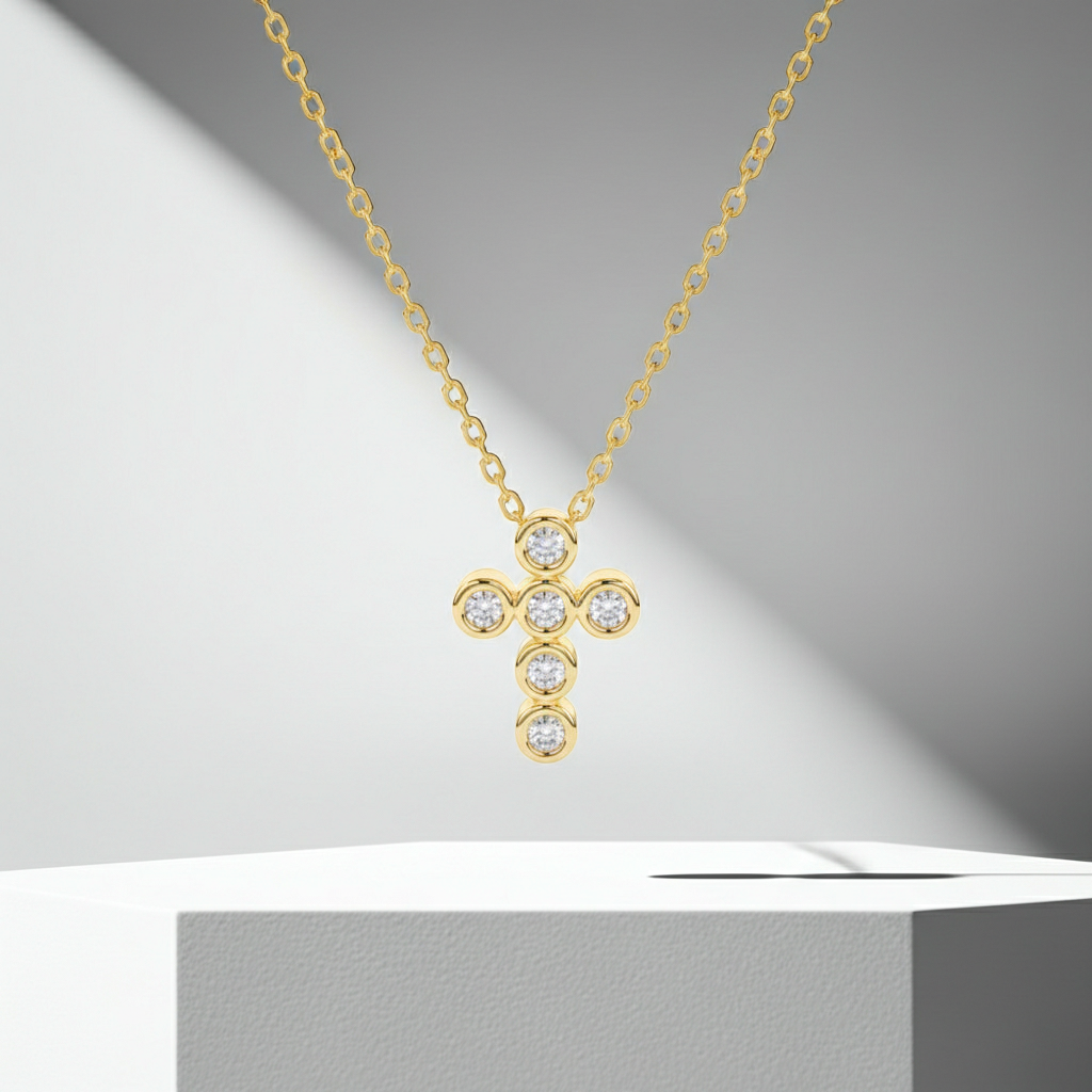 14K Solid Gold Bezel Cross Diamond Necklace