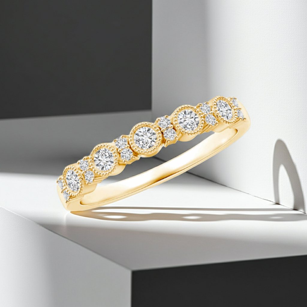 Round Cut Half Bezel Stud 14K Solid Gold Diamond Wedding Ring Band