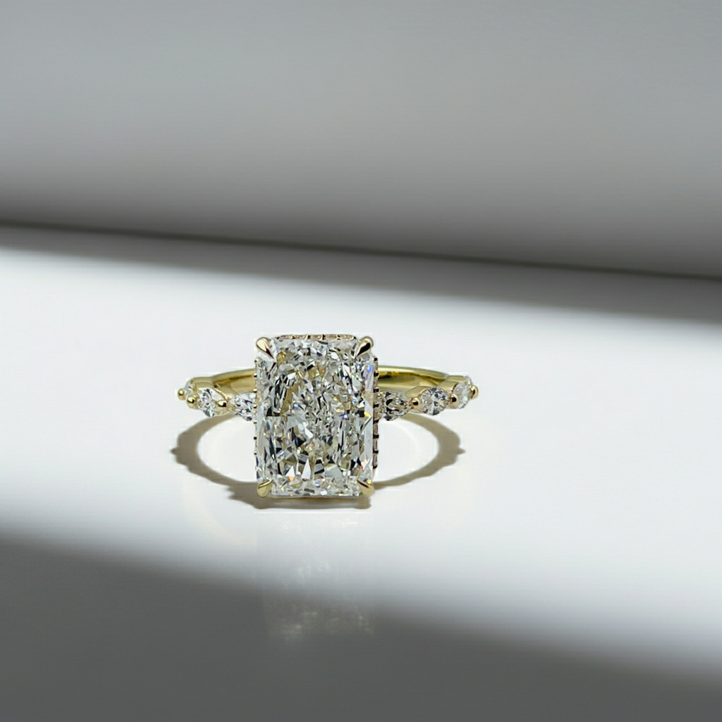 Elegant Radiant Cut Hidden Halo Marquies Band 14K Solid Gold Diamond Engagement Ring 2 to 4 Carat