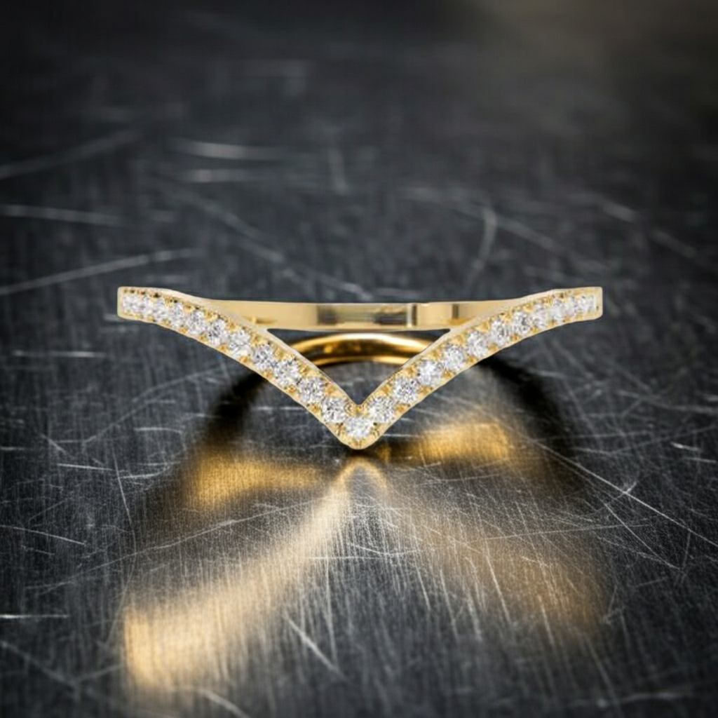 14K Solid Gold Diamond V Shape Pave Setting Stacking Ring Band