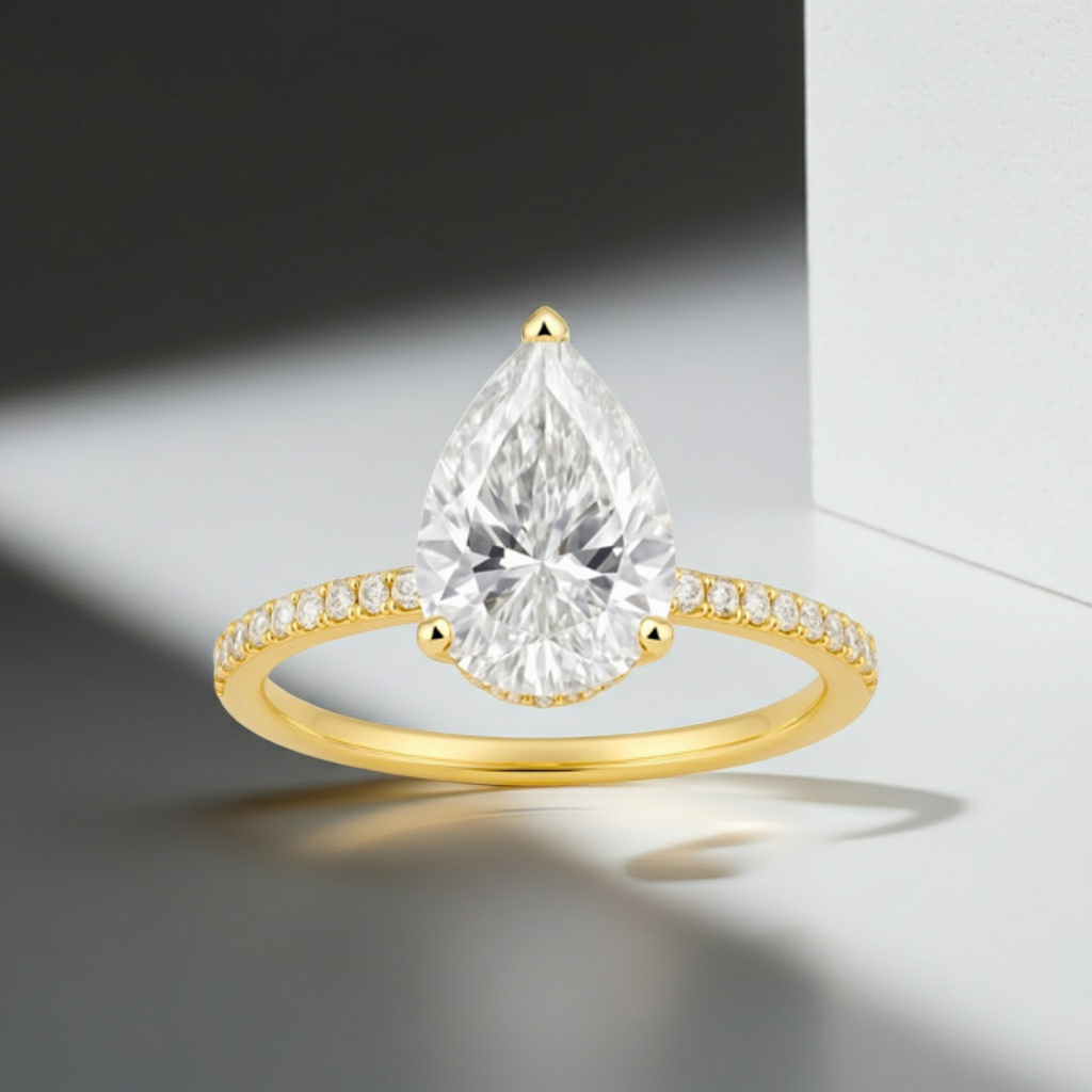 2 Carat Pear Shape Hidden Halo 14K Solid Gold Diamond Engagement Ring