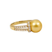 Golden Champagne 9.00 MM Real South Sea Pearl 14K Solid Gold Luxurious Diamond Ring