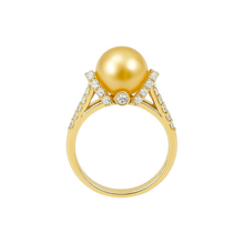 Golden Champagne 9.00 MM Real South Sea Pearl 14K Solid Gold Luxurious Diamond Ring