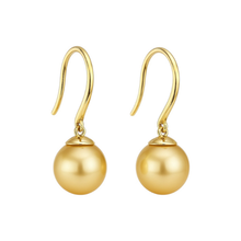 Luxurious South Sea Golden Pearl Dangling Earrings in 14K Solid Gold 9 MM