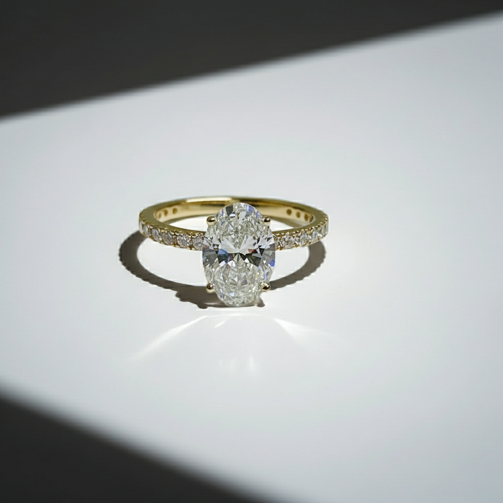 2 to 4 Carat Oval Cut Pave Setting 14K Solid Gold Solitaire Diamond Engagement Ring