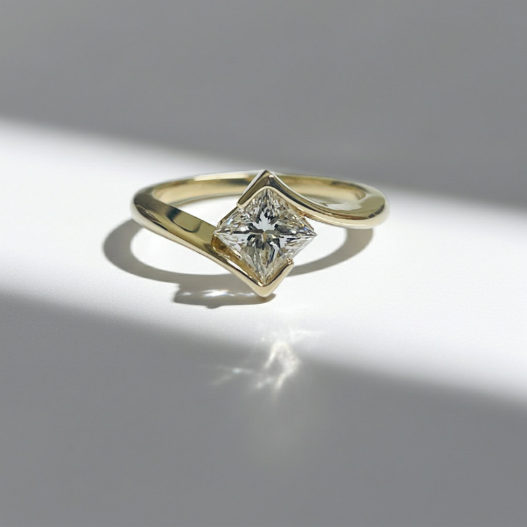 Princess Cut Bypass Setting 14K Solid Gold Engagement Ring