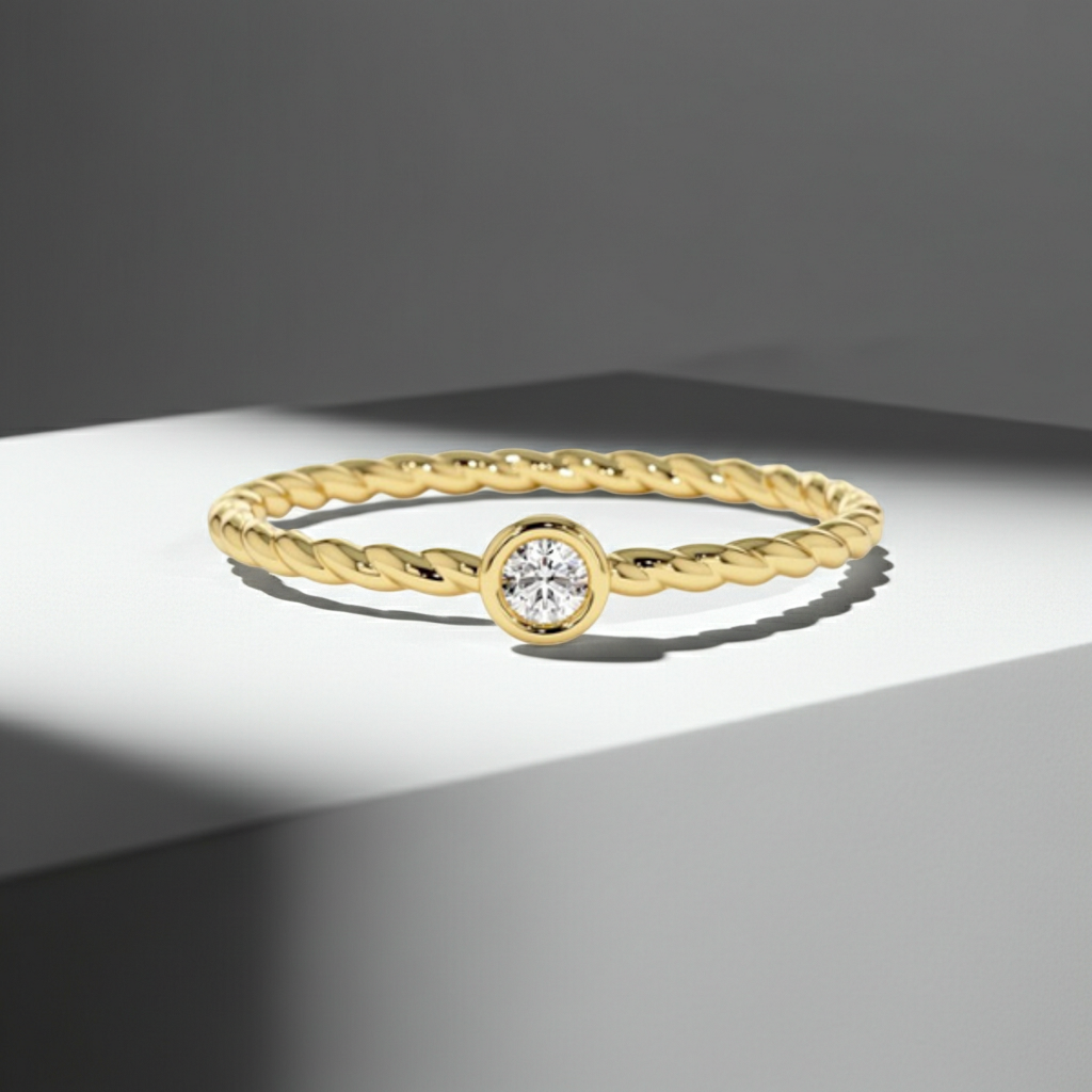 14K Solid Gold Diamond Twisted Bezel Setting Fashion Ring For Women