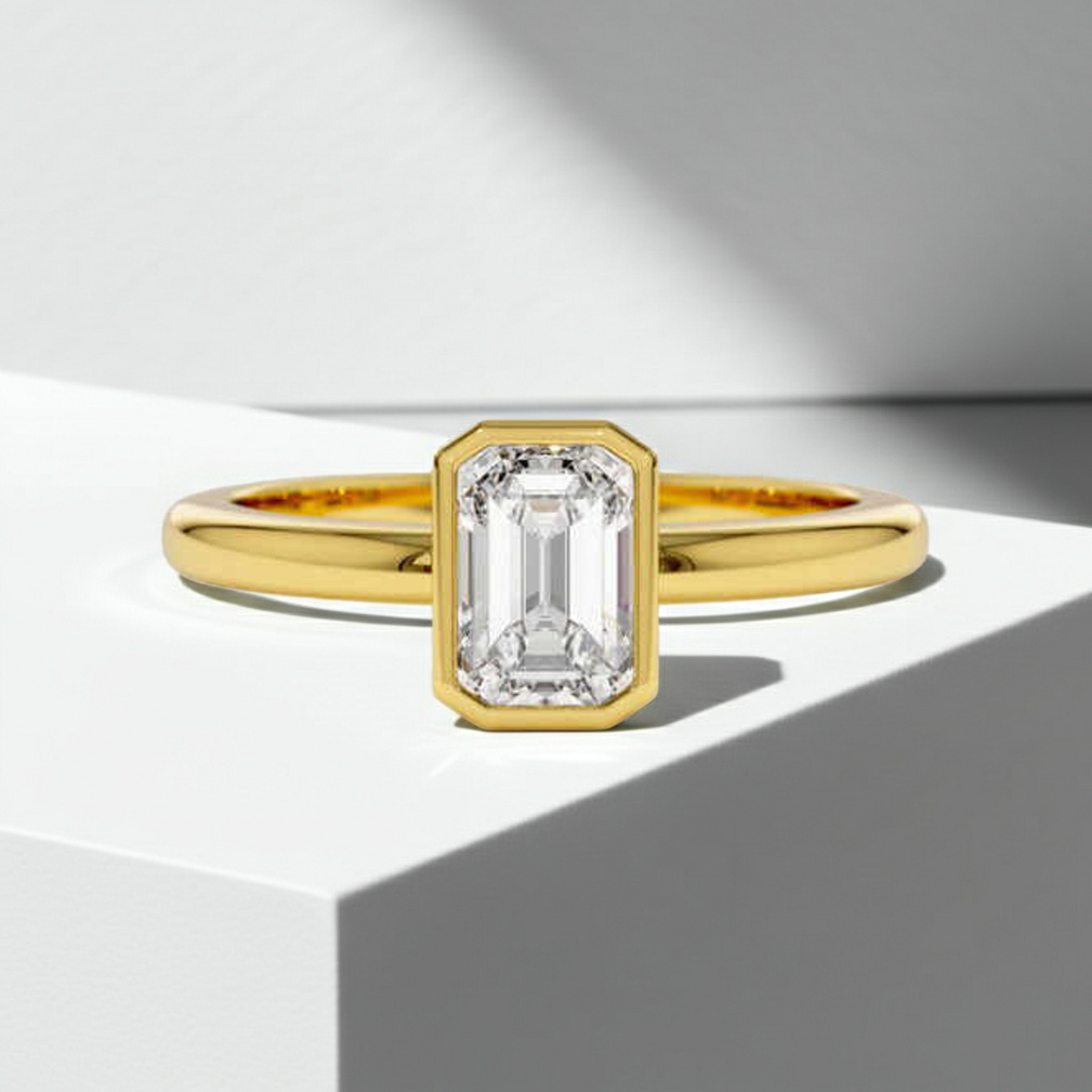 14K Solid Gold Bezel Emerald Cut Solitaire Diamond Ring - IGI Certified