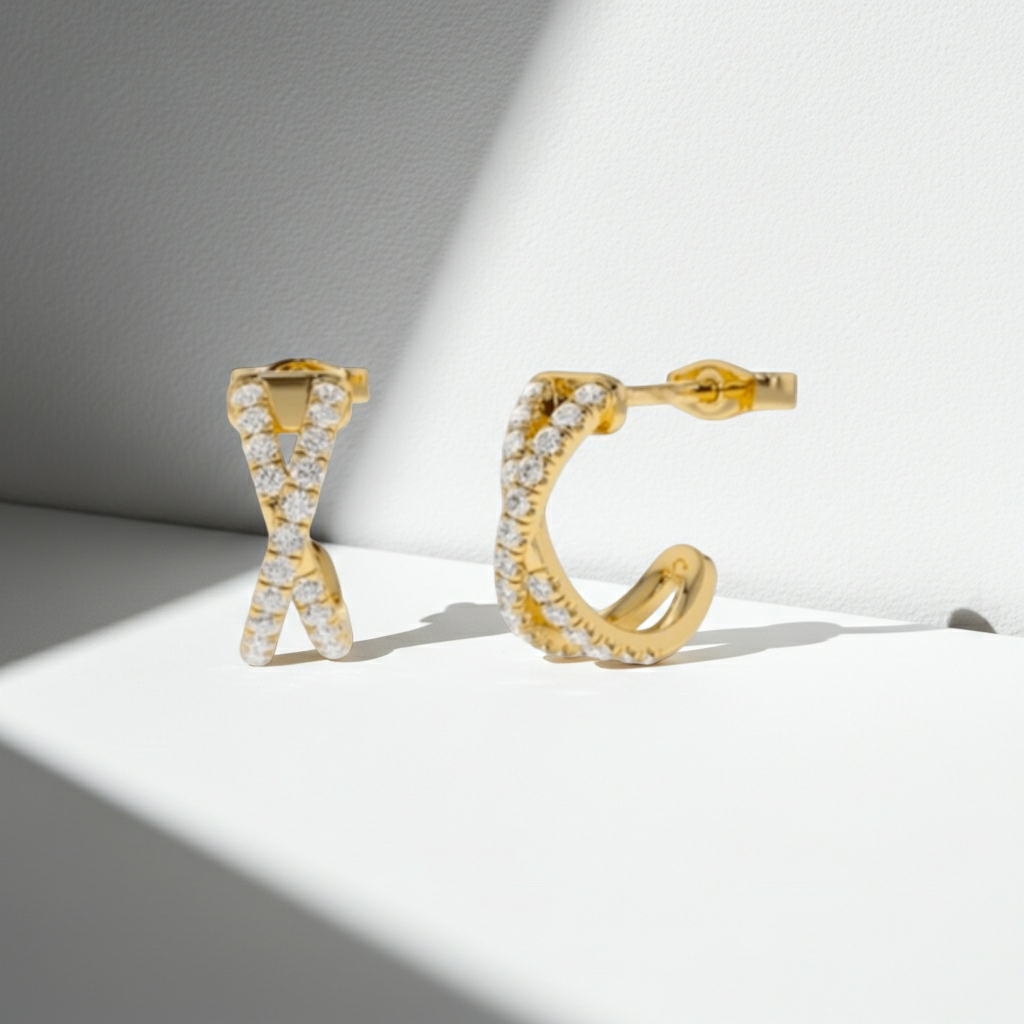 14K Solid Gold Cross Pave Setting Earrings