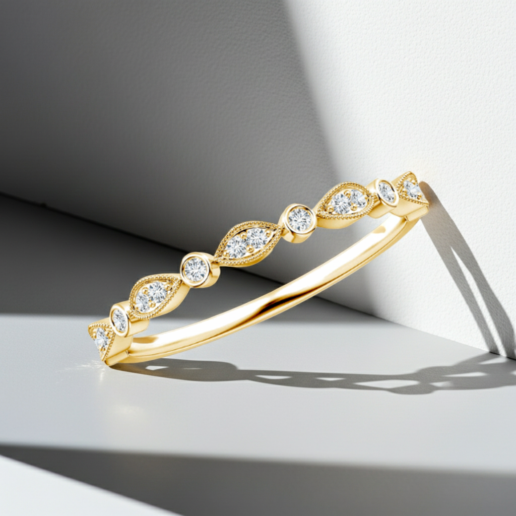 14K Solid Gold Marquies Bezel Setting Diamond Wedding Ring Band