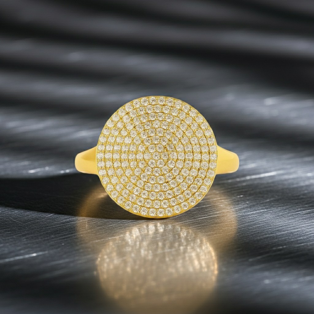 Large Circle 14K Solid Gold Cluster Diamond Statement Ring