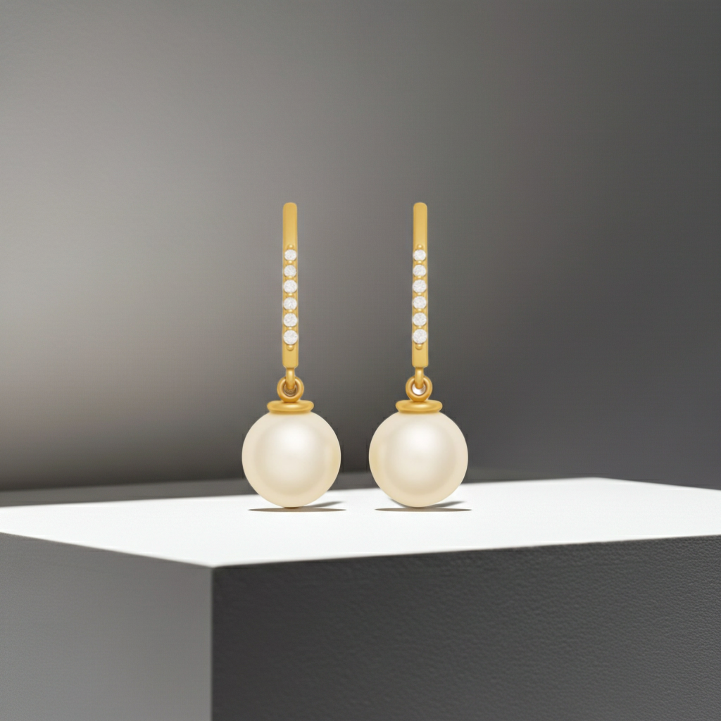 8.00MM Real South Sea Pearl Dangling Diamond 14K Solid Gold Earrings