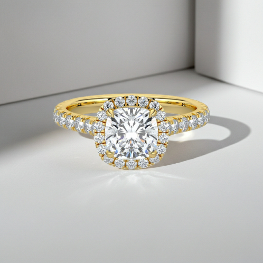 Timeless Cushion Cut Single Halo Pave Band 14K Solid Gold Engagement Ring